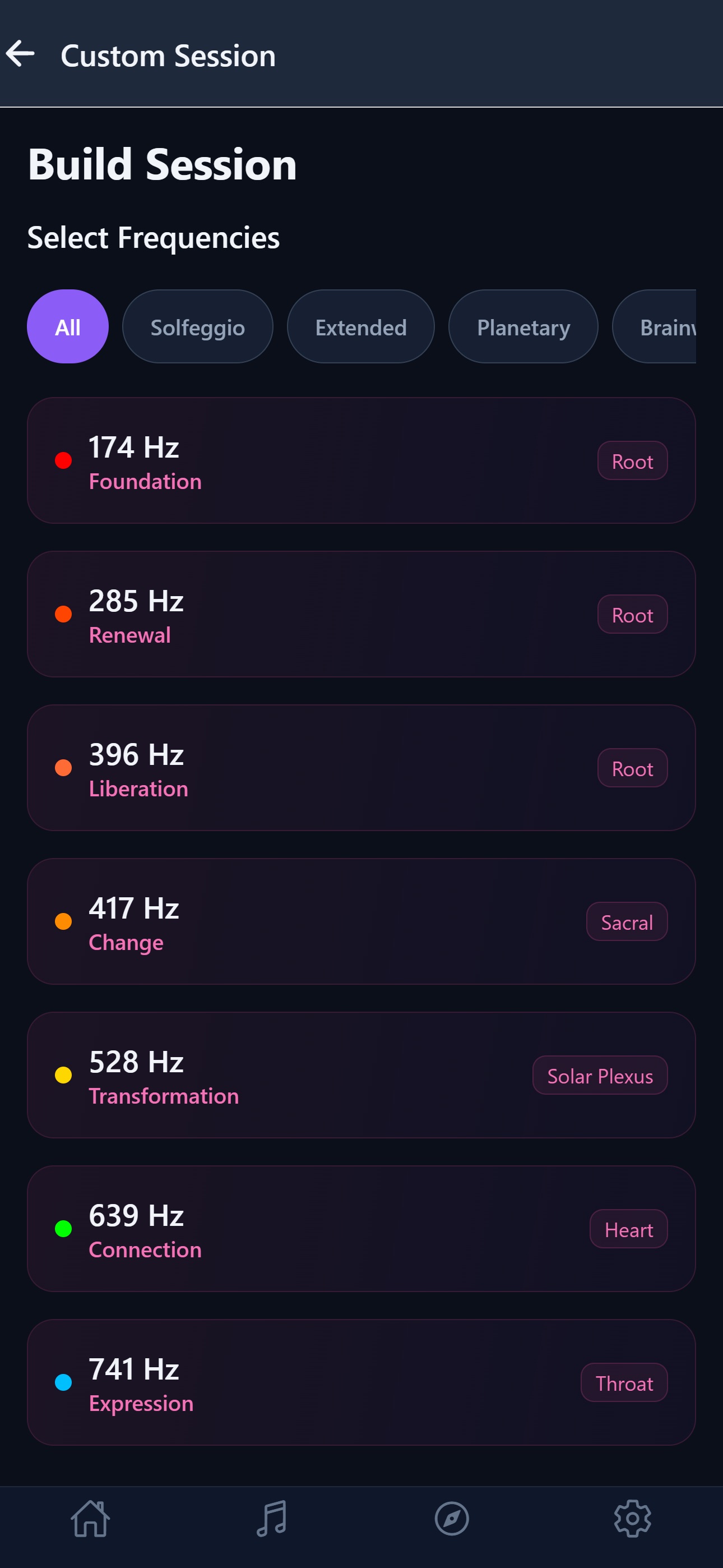Custom session builder with frequency categories and a list of frequencies to choose from