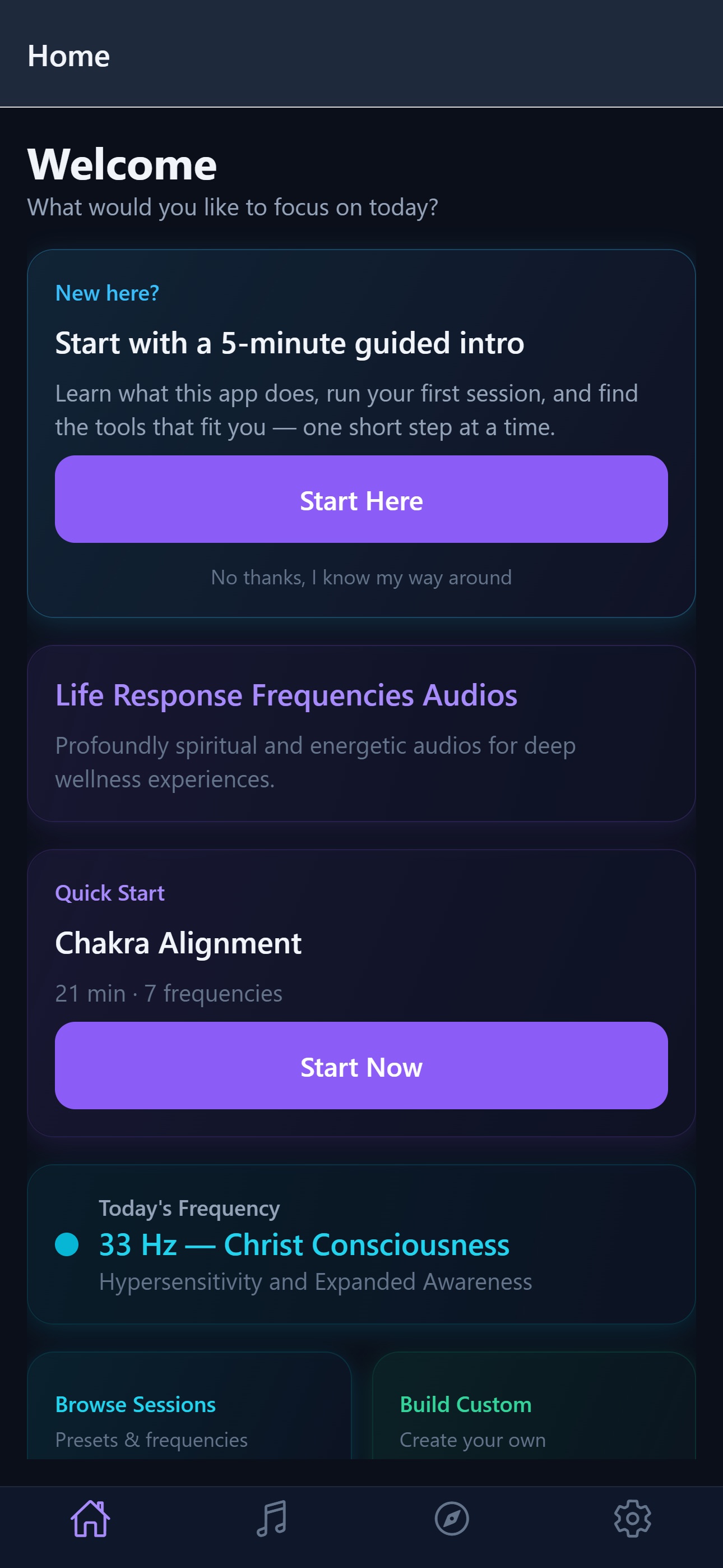 Life Response Frequencies home screen with a five-minute guided introduction, Chakra Alignment quick start, and today's frequency