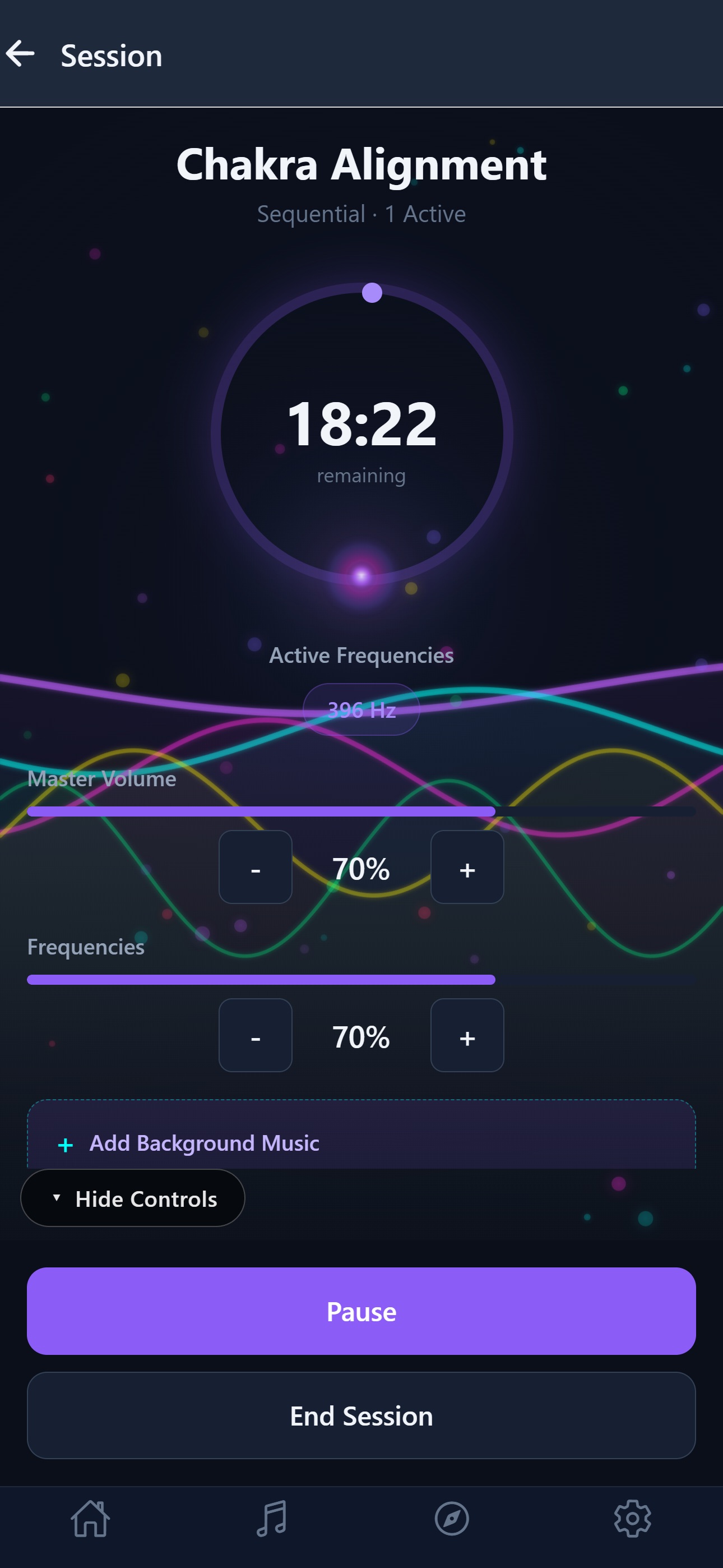 Life Response Frequencies session screen showing the Chakra Alignment timer, active frequency, volume, and playback controls