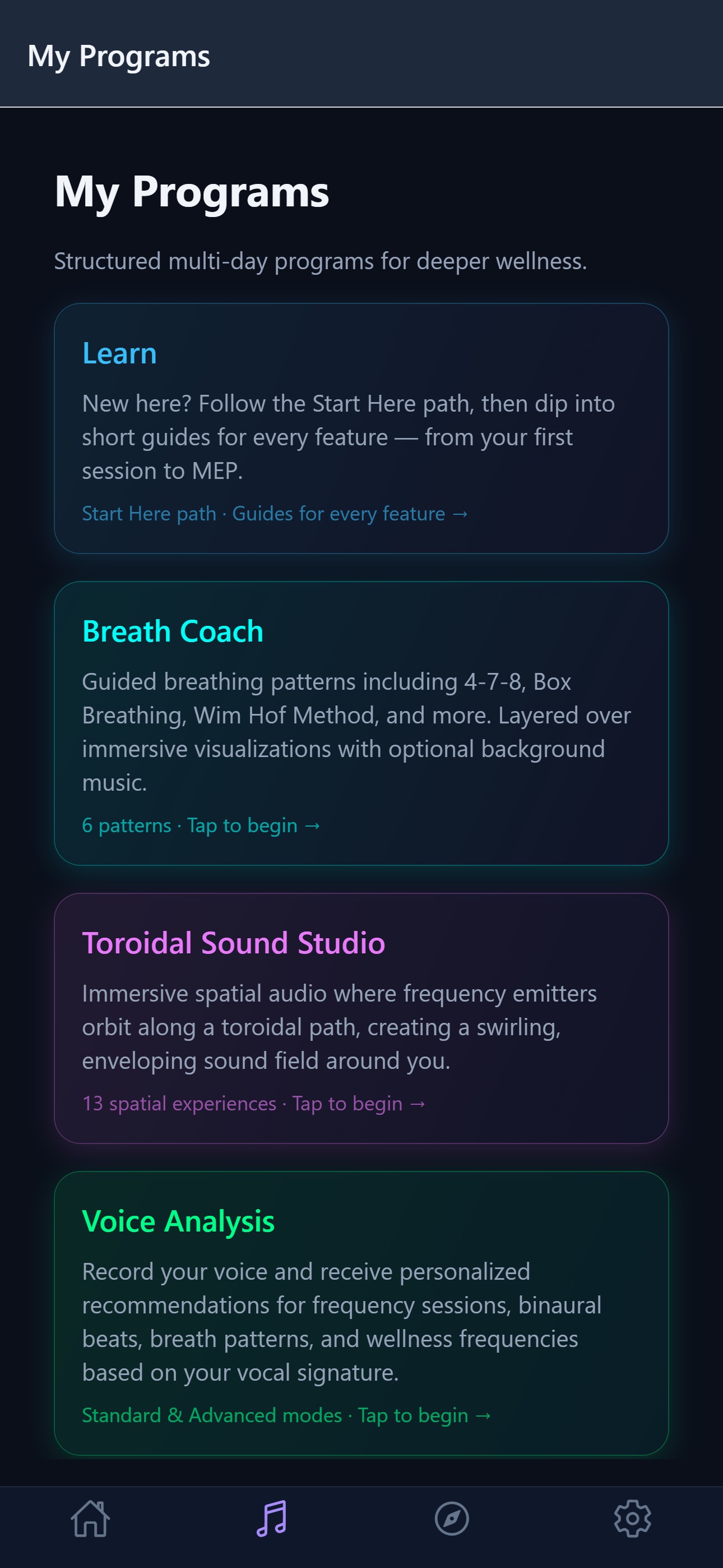 My Programs screen with Breath Coach, Toroidal Sound Studio, and Voice Analysis