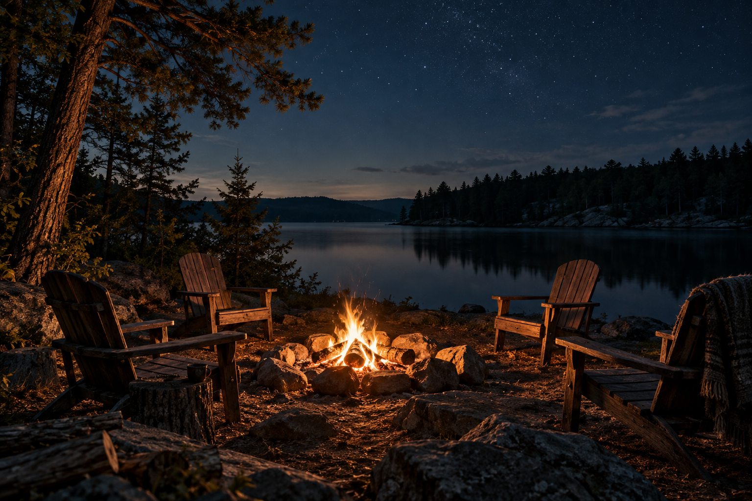 A low campfire and empty wooden chairs beside a quiet lake at night